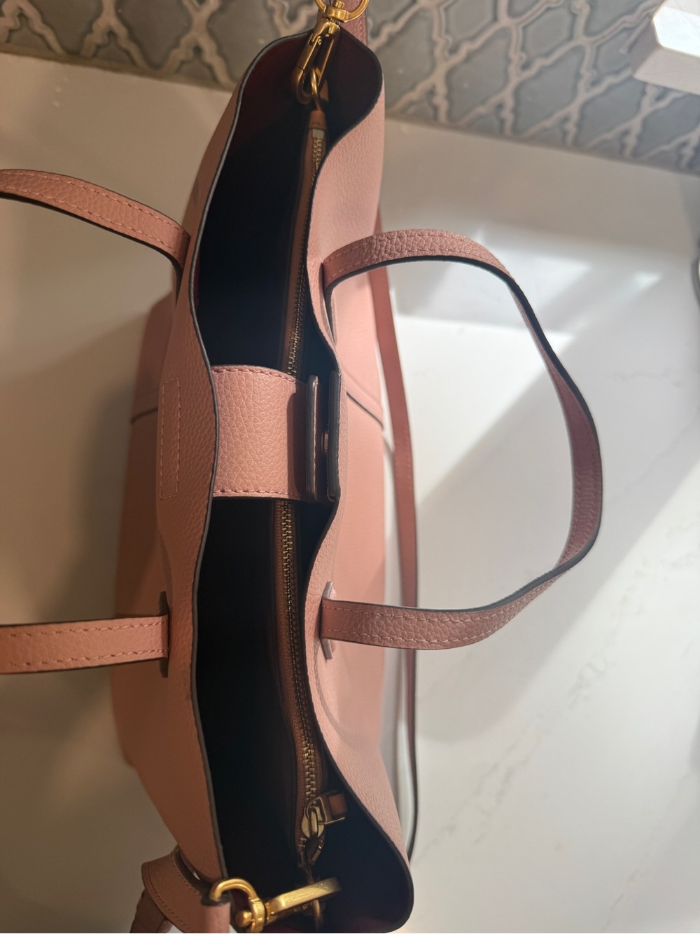 Tory Burch Pebbled Leather Tote | Blush Pink | Crossbody Strap | Perry Style - Picture 7 of 12